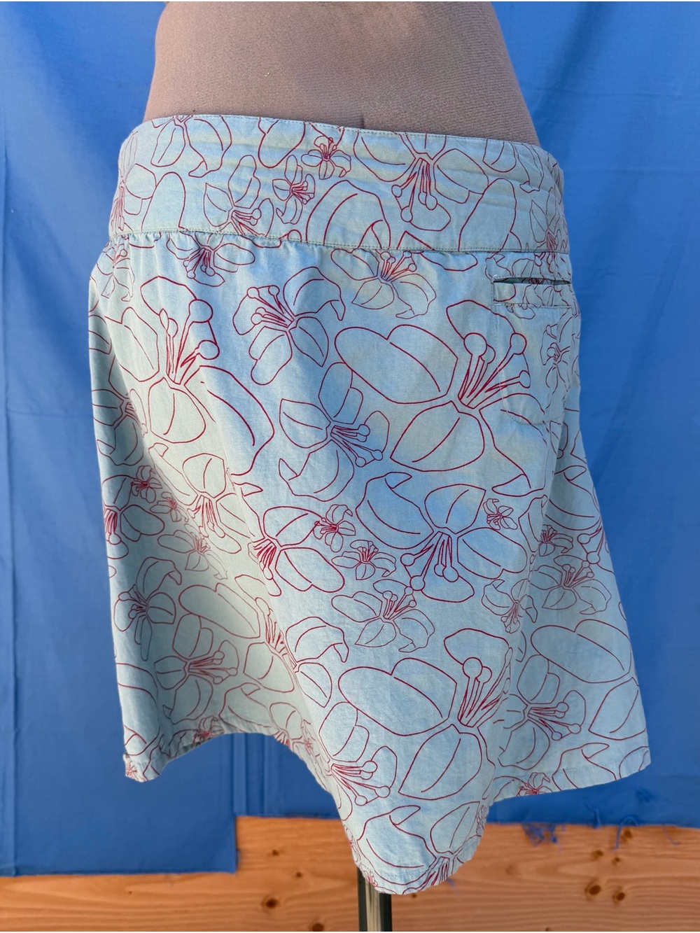 Kavu Light Blue Skirt with Plum Floral Outline